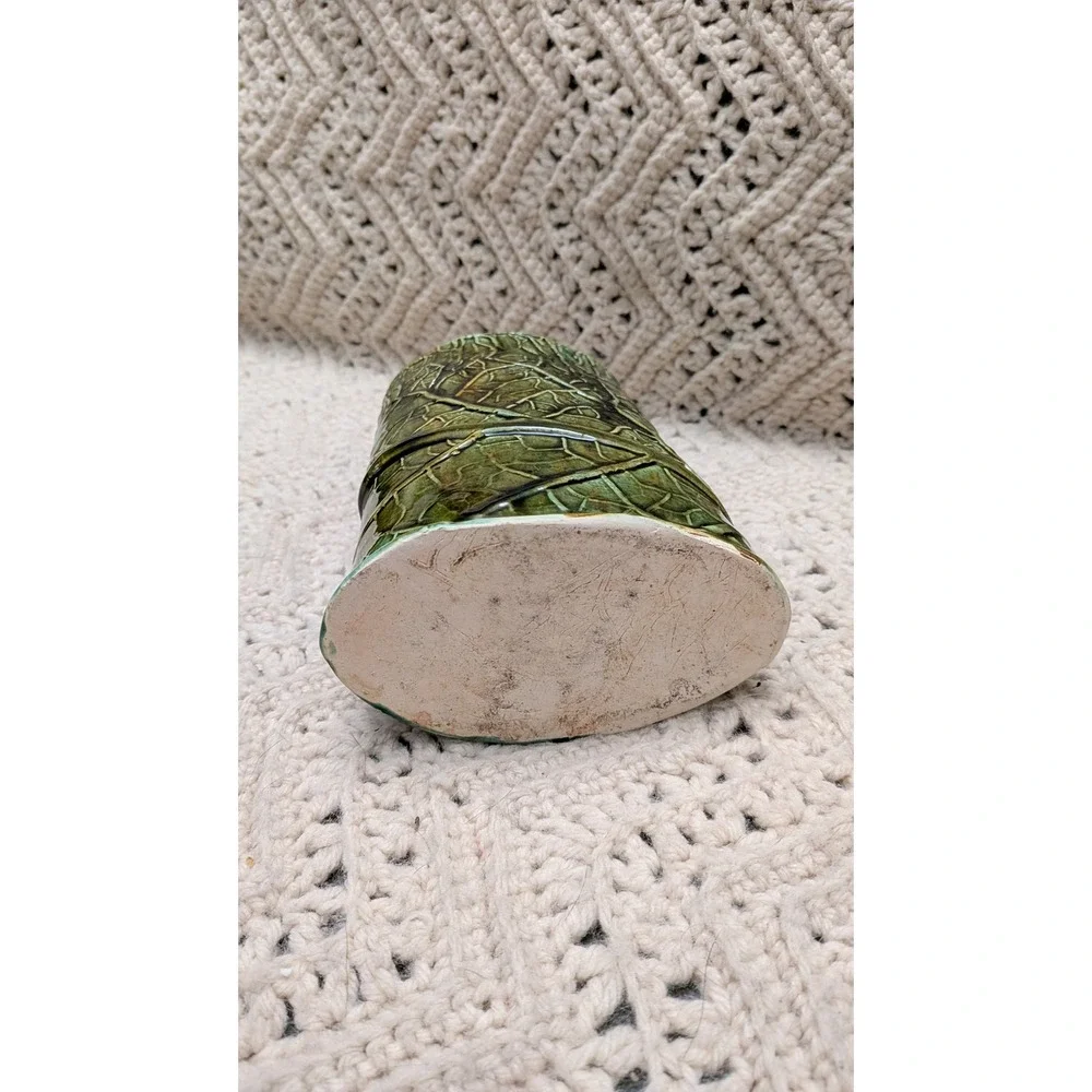 Studio Pottery Green Leaf Relief Vase Handcrafted Ceramic Nature Vessel 5.5